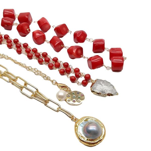 

yying red coral gold color plated chain necklace mabe pearl quartzs pendant 17" q1209, Bronze;silver
