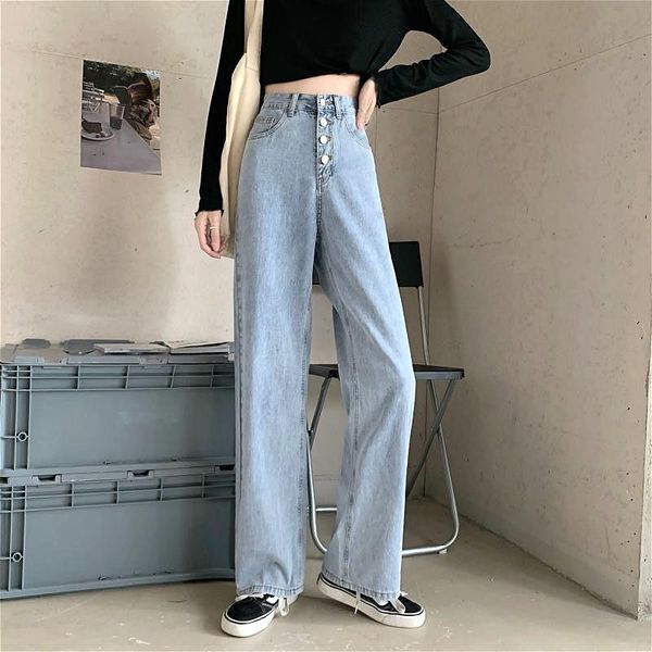 

high loose wide jean waist women slim leg pants denim outdoor button pockets korean style 2020 autumn women's clothing, Blue