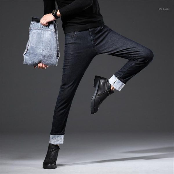 

dropshipping black jeans men's trendy brand autumn winter slim denim pants plus velvet thicken stretch straight cowboys trousers1, Blue