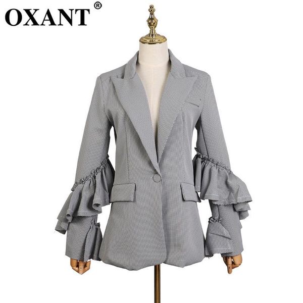 

women's suits & blazers oxant plaid blazer female jacket lapel long flare sleeve ruffles vintage slim suit coat fashion clothing 2021, White;black
