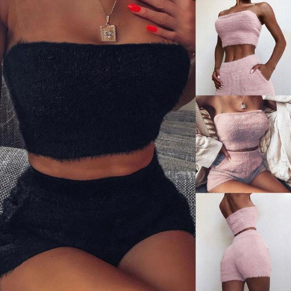

2 piece sets women costume outfits spring fashion solid clubwear sleeveless fur crop shorts set casual jumpsuit, Gray
