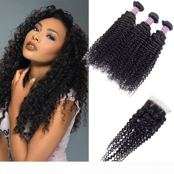 

brazilian kinky curly human hair bundles with lace closure brazilian human hair extensions brazilian virgin human hair products wholesale, Black