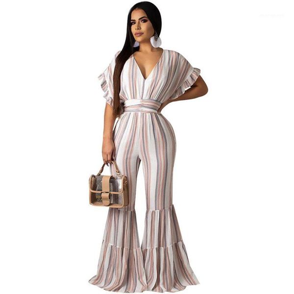 

women's jumpsuits & rompers v-neck striped jumpsuit summer romper women ruffles short sleeve loose flare pants elegant one piece overal, Black;white