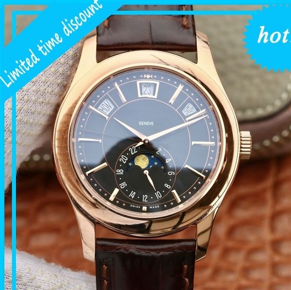 

km ptk philip complication chronograph 5205g-013 leather strap automatic mechanical men's watch, Slivery;brown