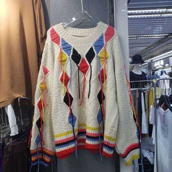 

sweater jumper women's tassel pullover retro rainbow-colored diamond plaid chic sweater female pull coat loose1, White;black