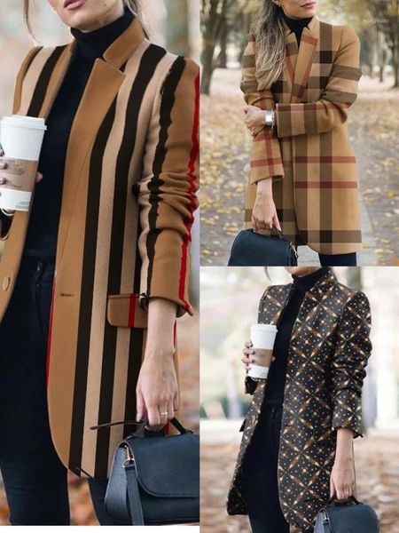 

fashion ladies coat printed loose stand collar woolen outwear geometric pattern plaid long sleeve jacket spring autumn1, Black