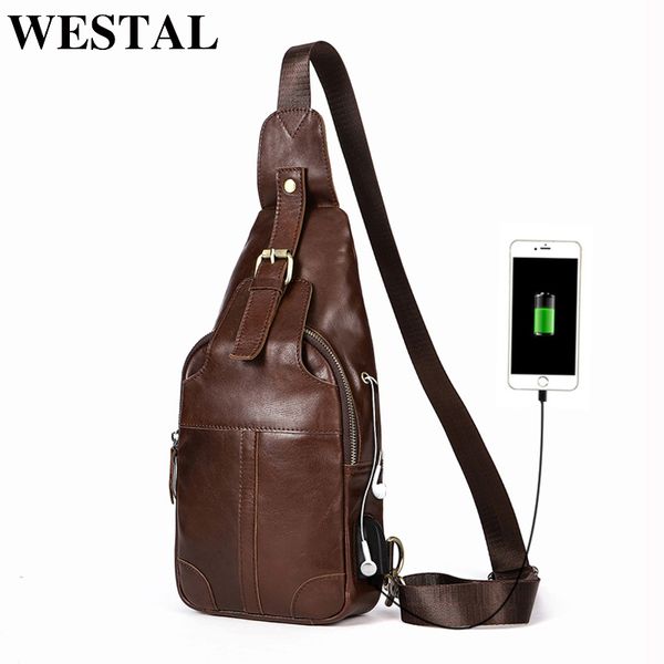 

westal anti thief sling bag men men's shoulder bags genuine leather crossbody bags for men travel charging usb chest bags 8202