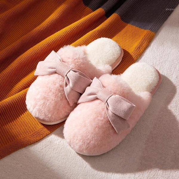 

slippers house women men cute bow knot fur bedroom slides shoes couples winter warm soft fluffy flat indoor home pink1, Black