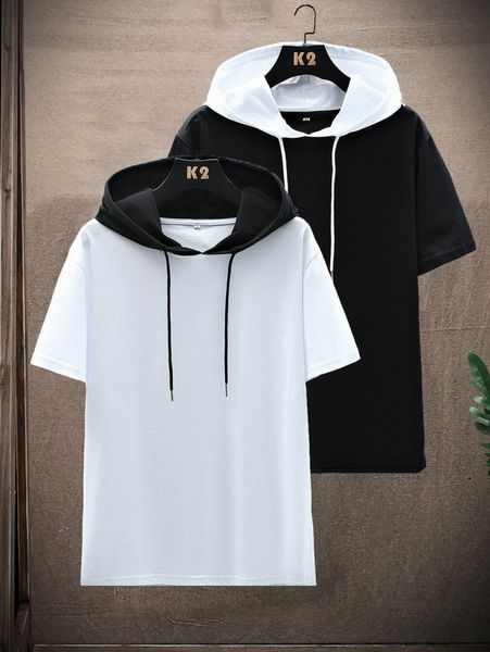

men 2pcs drawstring hooded tee k8hx#, White;black