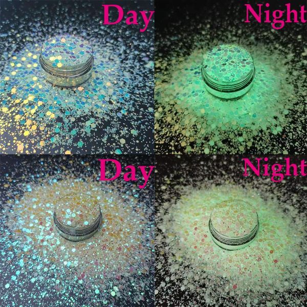 

nail glitter 10g/pack luminous chunky sequins 3d fluorescent flakes glow in dark hexagon mixed-size polish tips 001, Silver;gold