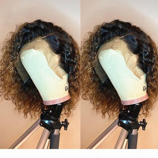 

1b 27 short kinky curly 13x6 lace front wigs with baby hair 360 lace frontal wigs for black women, Black;brown