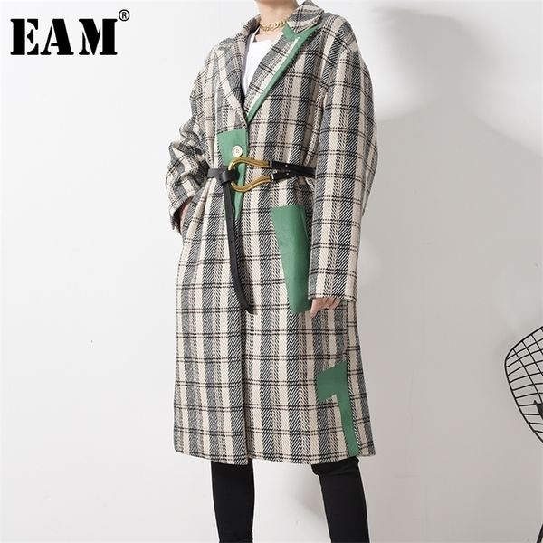

[eam] loose fit plaid split irregular big size woolen coat parkas new long sleeve women fashion tide autumn winter 201103, Black