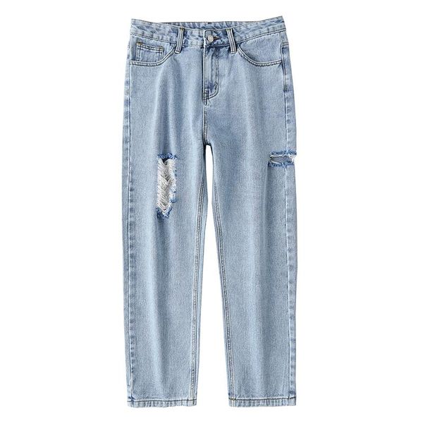 

men's jeans ripped men wide leg pants straight cut loose fit blue distressed hollow out size hole streetwear punk style ankle length