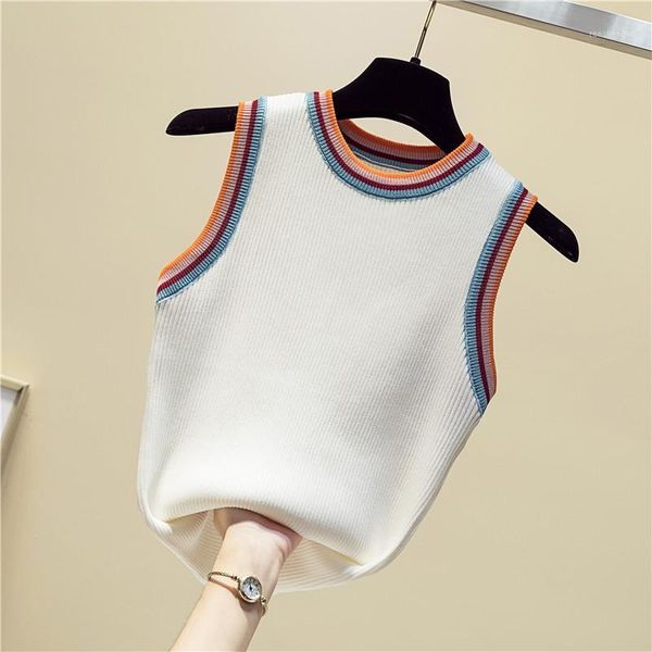 

women striped color collision knitted vest female lady girls suspenders waistcoats thin summer ice silk sleeveless tank 1, White