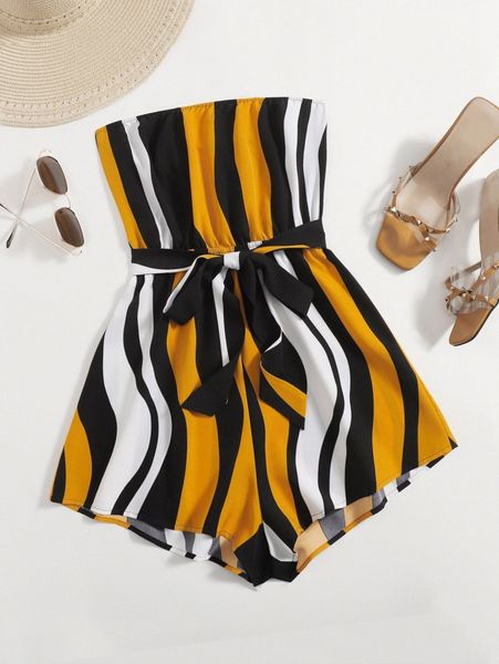 

self belted striped tube romper i9du#, White