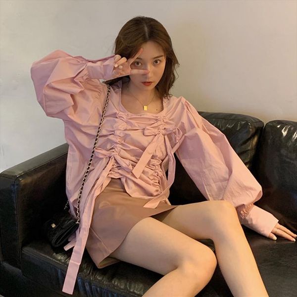 

love the design string pleats tie blouse square neck lantern sleeve women shirt fashion chemise femme chemisier blusa mujer, White