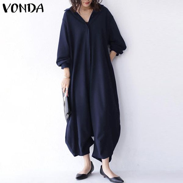 

autumn women long sleeve solid color rompers casual turn down collar office overalls vonda loose drop crotch jumpsuits femme, Black;white