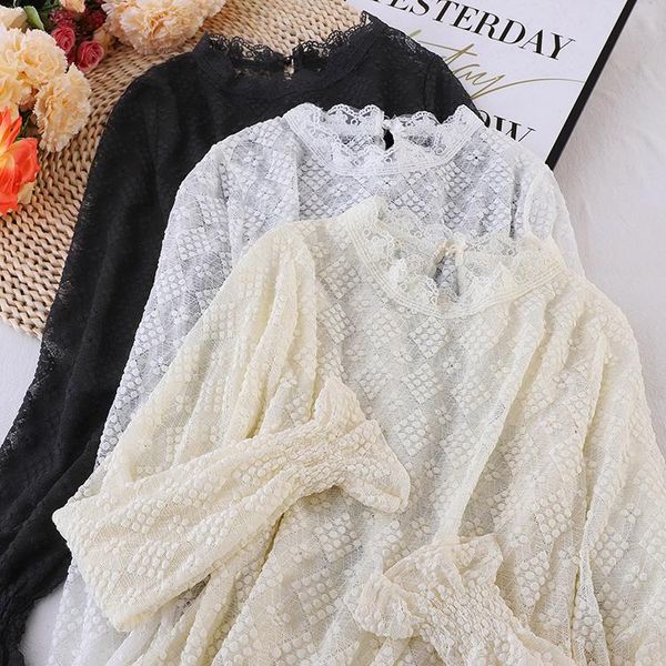 

2129 korean see-through lace base shirt inner wear blouse autumn new embroidery all-matching long sleeve female, White