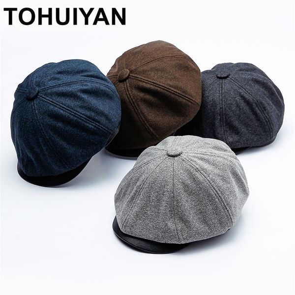 

tohuiyan classic woolen newsboy caps men autumn winter warm hat gorras planas beret hats male octagonal cap windproof gatsby hat 201216, Blue;gray