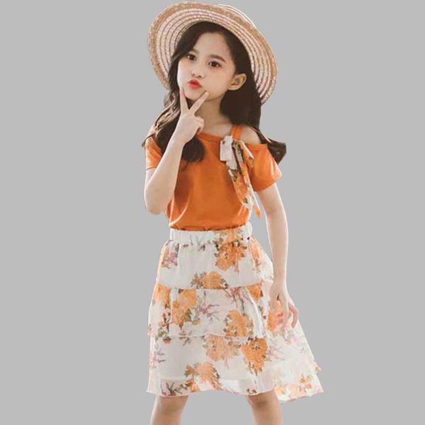 

teenage clothes floral skirt + t shirt 2 pcs clothes for girls party off shoulder suit for girls summer fashion girls clothes y200623, White
