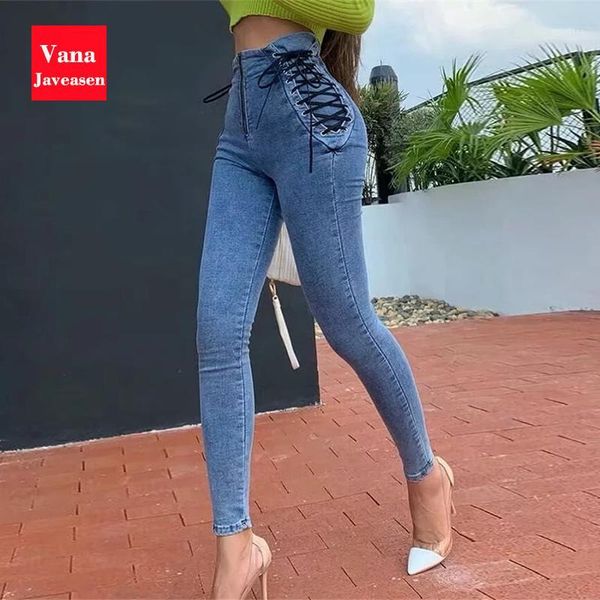 

high waist pencil jeans women zipper design side lace-up denim pants office lady trousers mom jeans pantalones vaqueros mujer1, Blue