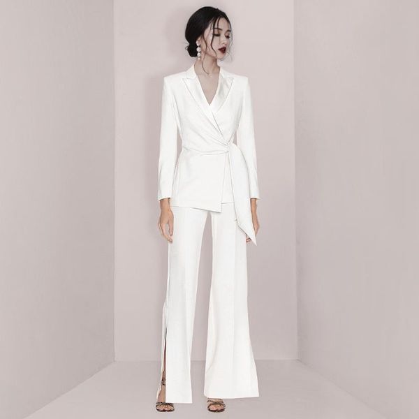 

women's two piece pants professional big brand female suit celebrity temperament workplace white blazer coat wide leg set