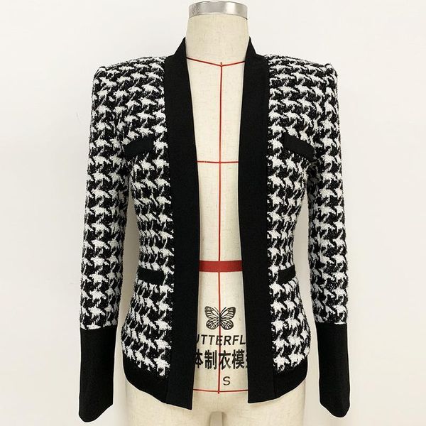 

2020 chaqueta de diseñador barroco de las mujeres chal cuello shimmer houndstooth chaqueta tweed1, Black;brown