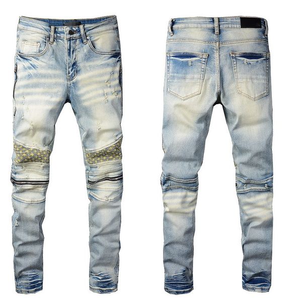 

jeans for men skinny straight slim hip hop ripped zipper patches patchwork motorcycle biker jean pants, Blue