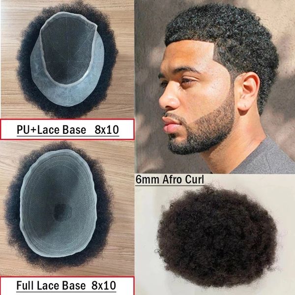 

cheasp q6 lace front with pu afro toupee for blacks men human hair 6mm african afro curl full laces black mens hairs pieces in stock