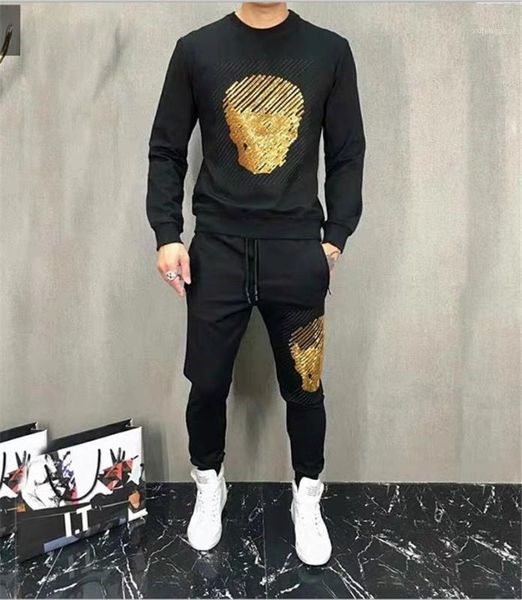 

europe and the united states new high-quality men's plus velvet rhinestones thickened warm slim fit sports suit men1, Gray