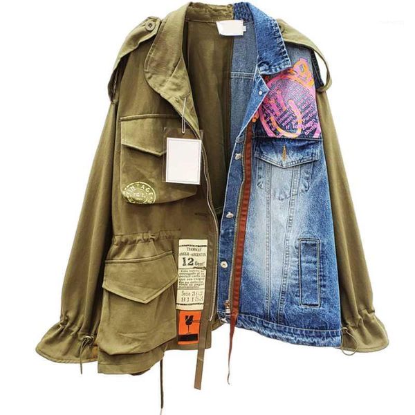 

2020 spring autumn lapel long sleeve fake two piece denim patchwork vintage coat women jacket1, Black;brown