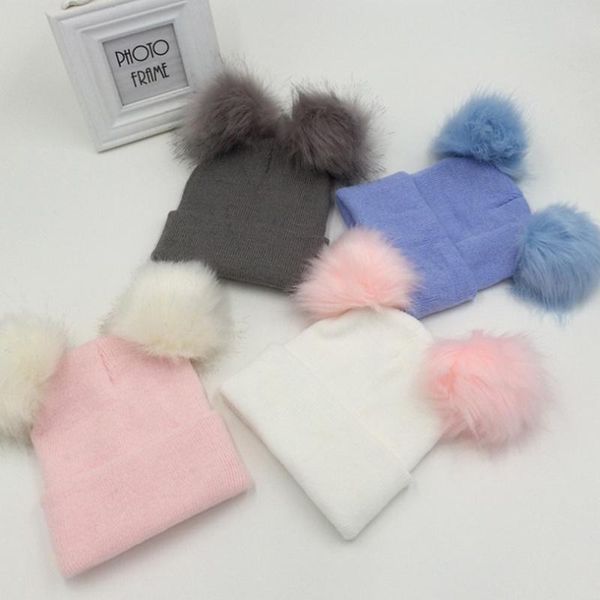 

beanies baby hats faux raccoon pom knitted caps winter warm children for girls boys casual solid soft