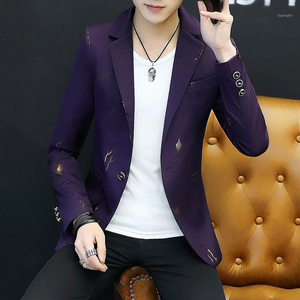 

2019 autumn & winter new arrival men's leaves gilded print slim korean version suit british lapels blazers, White;black