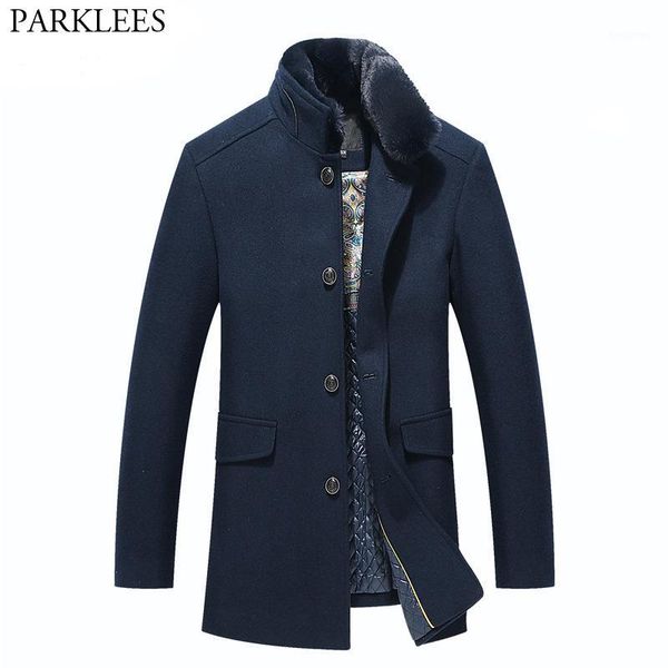 

mens overcoat 2017 winter long wool trench coat men slim fit casual jackets coats removable fur collar men trench coat peacoat1, Black