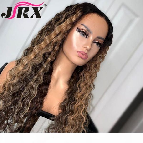 

jrx highlight lace front human hair wigs for women ombre honey blonde colored lace closure wigs deep wave remy hair pre plucked, Black;brown