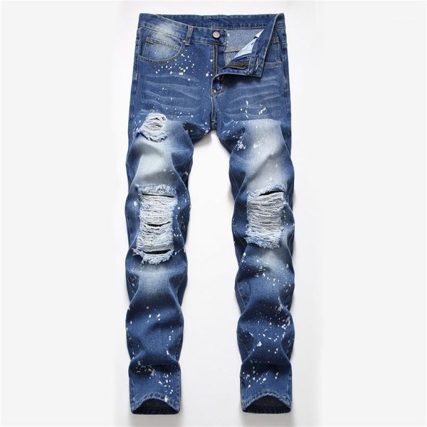 

jeans men fashion skinny jeans distressed slim elastic denim biker male trousers1, Blue
