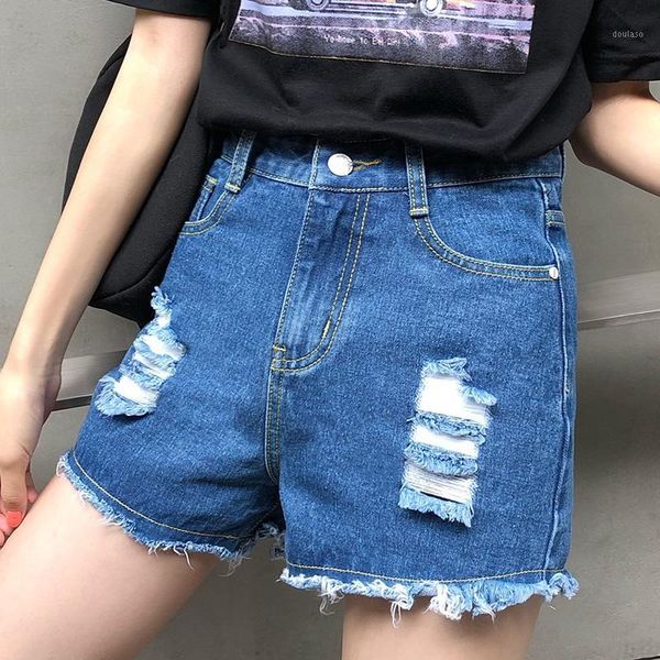 

hole shorts jeans women summer 2020 new plus size high waist ripped denim short clothing girls fashion casual distressed jeans1, Blue