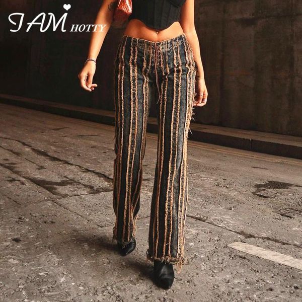 

y2k ripped thread patchwork brown straight jeans women fashion harajuku tie-up high waist streetwear trouser baggy 2021 iamy, Blue