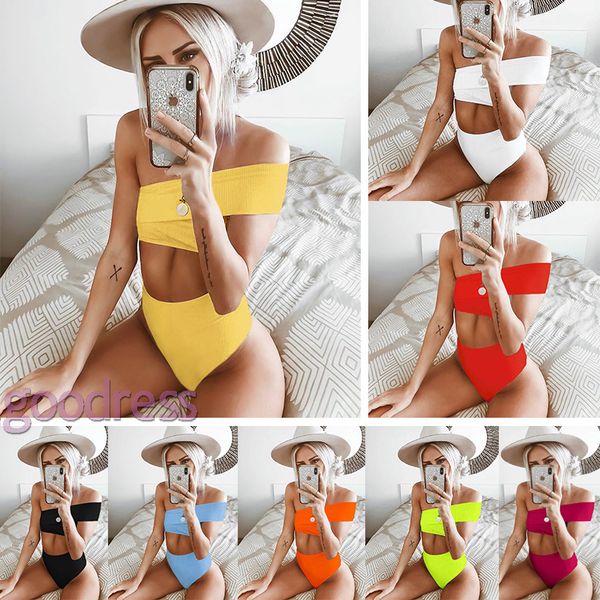 

women bikini one shoulder two piece swimsuit solid irregular off shoulder split high waist thong swimwear bathing suit beachwear, White;black