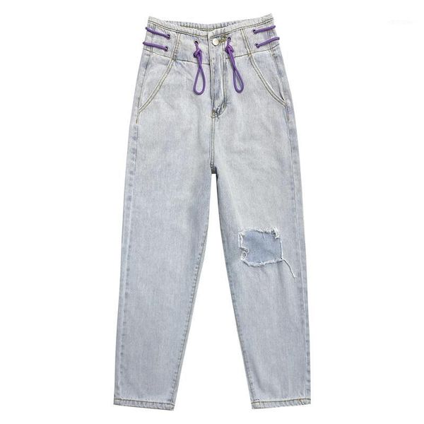 

fashion hole jeans women summer jeans vintage washed loose high waist pants casual drawstring female harem pants1, Blue