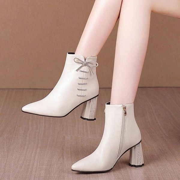 

lucyever fashion crystal bow square heels ankle boots women elegant pointed toe pu leather botas woman warm winter shoes ladies #w18p, Black