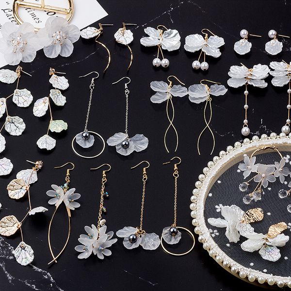 

fashion cute flower dangle drop earrings for women new bohemian sweet white pearl resin petal earrings jewelry party, Silver