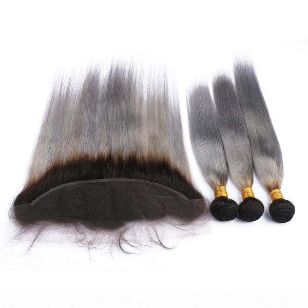 

brazilian human hair 1b grey ombre weave bundles 3pcs with frontal closure 13x4 silver grey ombr full lace frontal with virgin hair wefts, Black