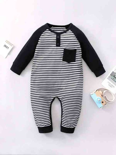 

baby striped patched pocket raglan sleeve jumpsuit she, Blue