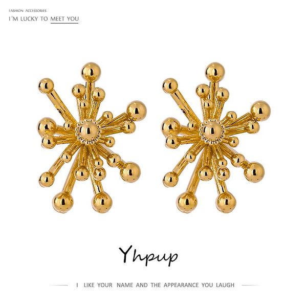 

yhpup simple golden fireworks stud earrings for women gold plated copper jewelry earrings pendientes mujer moda 2020 gift, Golden;silver
