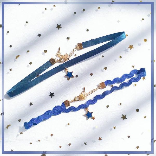 

chokers universe galaxy necklace blue pearl star ribbon girl series wave choker short clavicle chain, Golden;silver