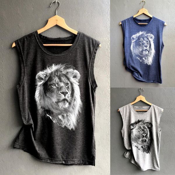

vintage summer women vest sleeveless lion print sport t shirt casual ladies loose tank soft comfortable femme 2019, White