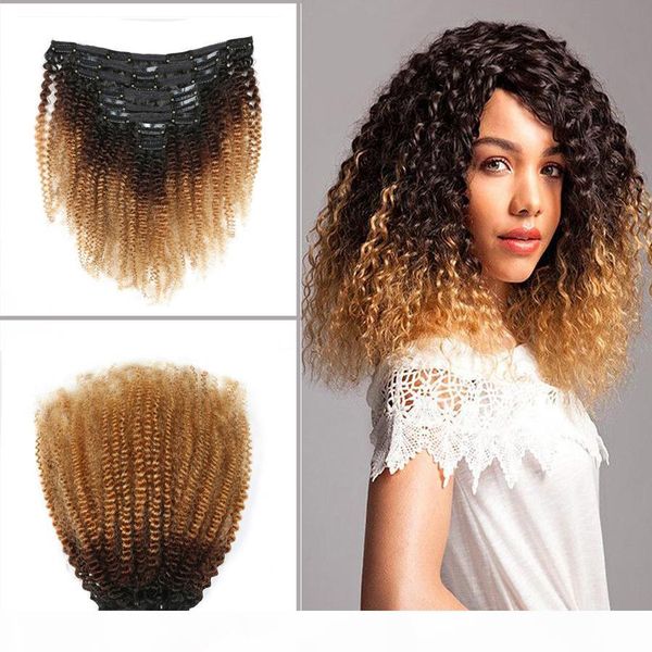 

clip in human hair extension wave curly clip in remy ombre kinky curly hair 1b 4 27 color 8-20inch 120g pack, Black;brown