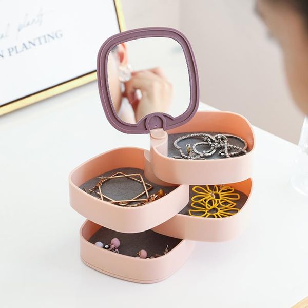 

2020 new rotary jewelry box women necklace earrings storage box four-layer jewelry shelf rotary container 38, Pink;blue