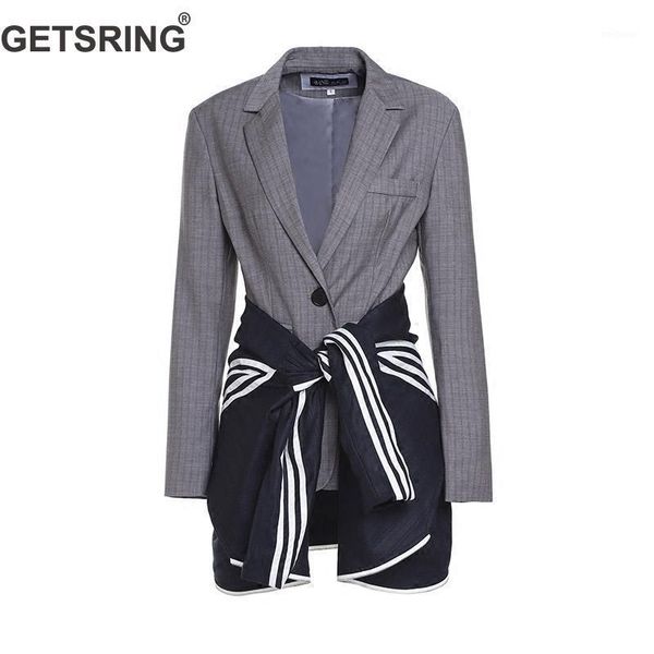 

getsring women suit blazer long sleeve single breasted suit coat striped bangage fake two blazers all match woman spring1, White;black